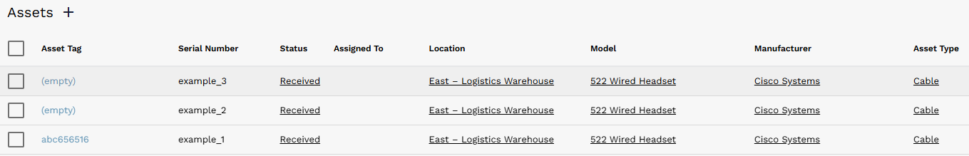 Newly created received assets shown in the Asset list