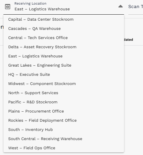 Receiving Location dropdown with available receiving locations