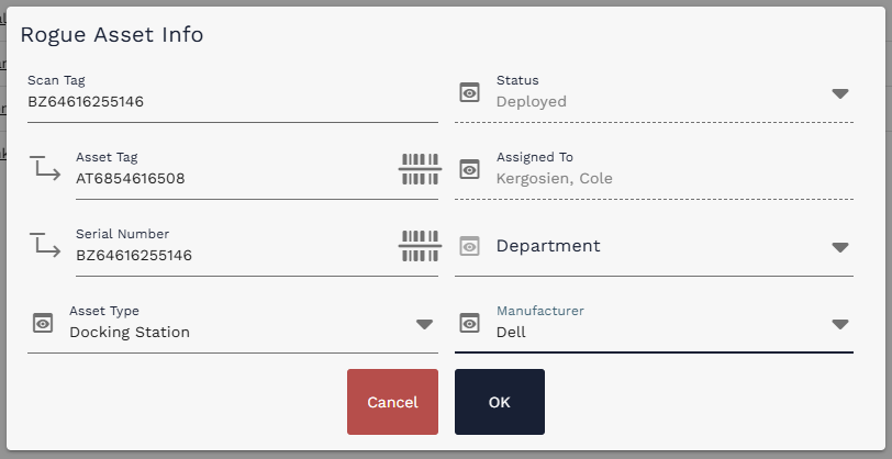 Rogue Asset Info dialog used to provide details for an additional asset found during Self Certification
