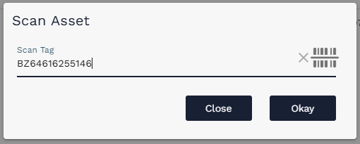 Scan Asset dialog with an Asset Tag or Serial Number entered