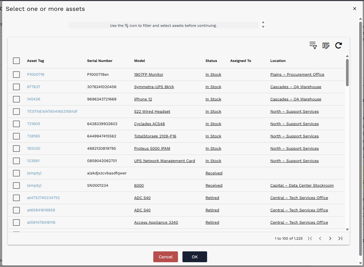 Select one or more assets dialog used to search for existing assets