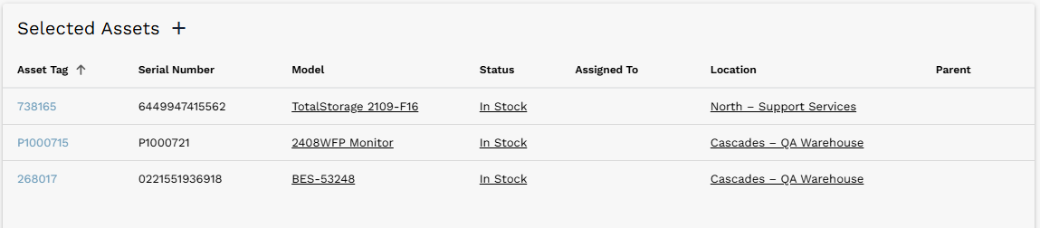 Selected Assets list after existing assets have been added