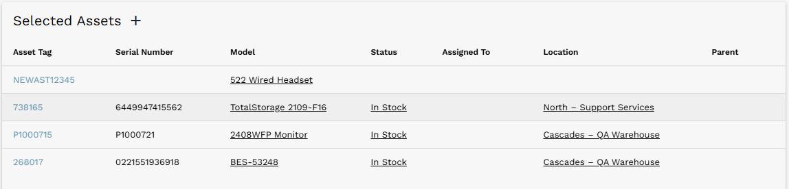 Selected Assets list after a new asset has been created and added