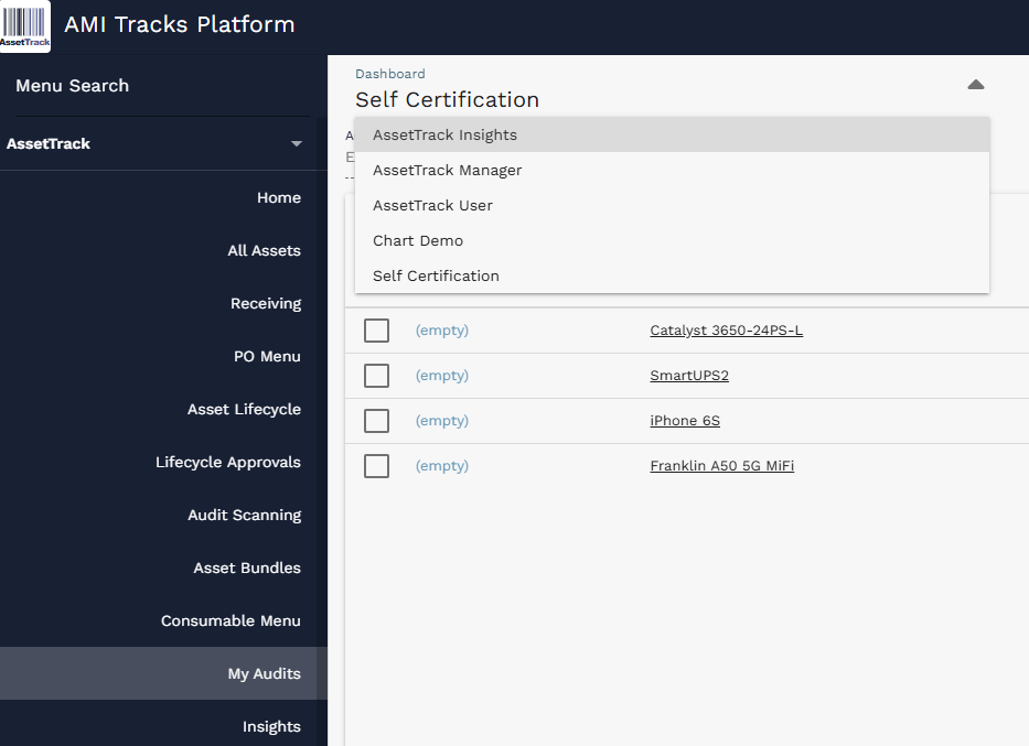 Dashboard picker showing Self Certification as an available dashboard option