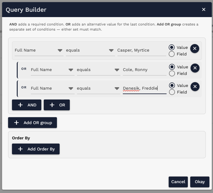 Query Builder filtering Self Certification generation to three people