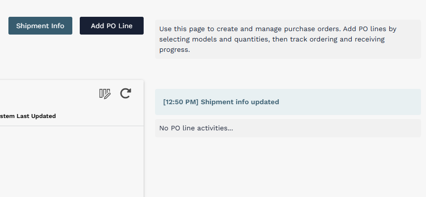 Activity log entry showing shipment info updated