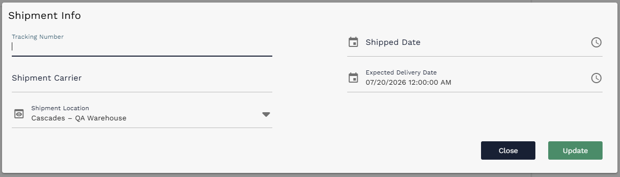 Shipment Info dialog with tracking number, carrier, shipment location, shipped date, and expected delivery date fields