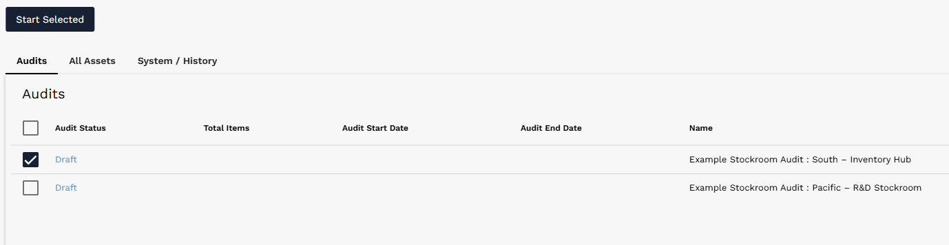 Start Selected button used to start one or more generated audits