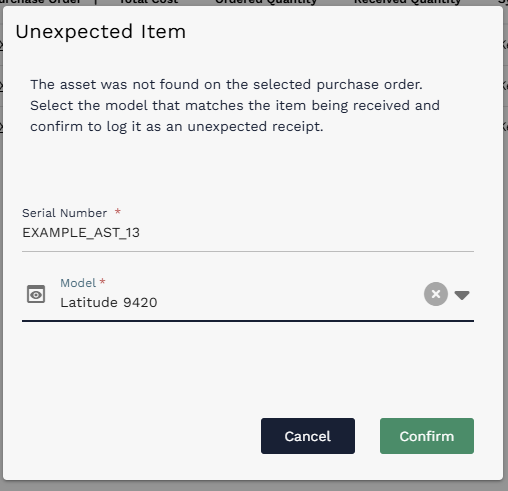 Unexpected Item dialog. The scan tag is used as the Serial Number, and the user selects the matching Model before confirming